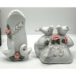 Vintage Ceramic Lovebird Figurine Set With Pink Roses & Heart Details
